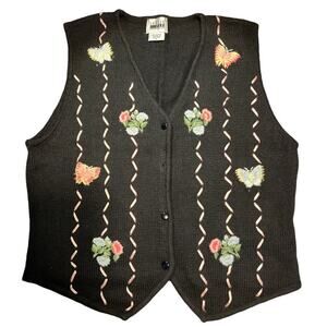 Vtg Granny Knit Vest SZ M Black Pastel Ribbon Butterfly Floral Cottage Cute FLAW